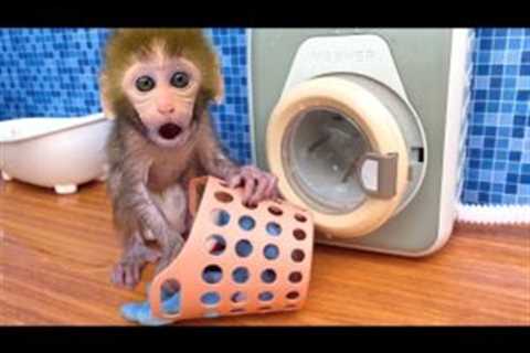 Monkey Baby Bon Bon went to do laundry in the toilet and eats jelly lego so yummy